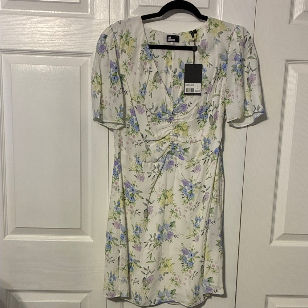 The Kooples White Midi Dress with Lavender and Sky Blue Floral Print